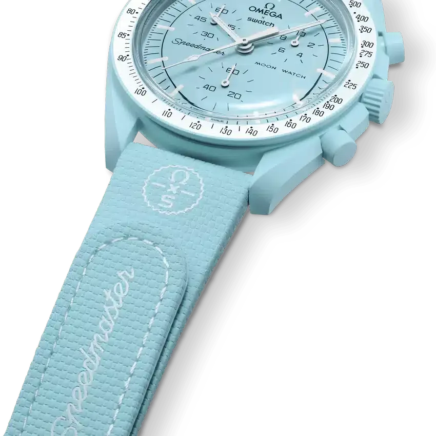 Correa de hule MoonSwatch azul claro/blanco