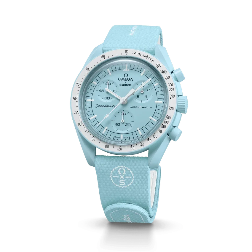 Correa de hule MoonSwatch azul claro/blanco