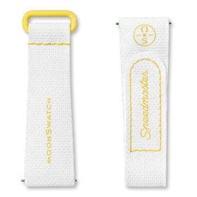 Correa de hule MoonSwatch en blanco y amarillo