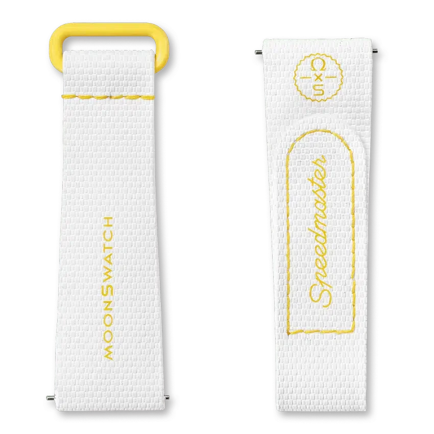Correa de hule MoonSwatch en blanco y amarillo