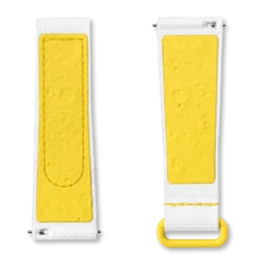 Correa de hule MoonSwatch en blanco y amarillo