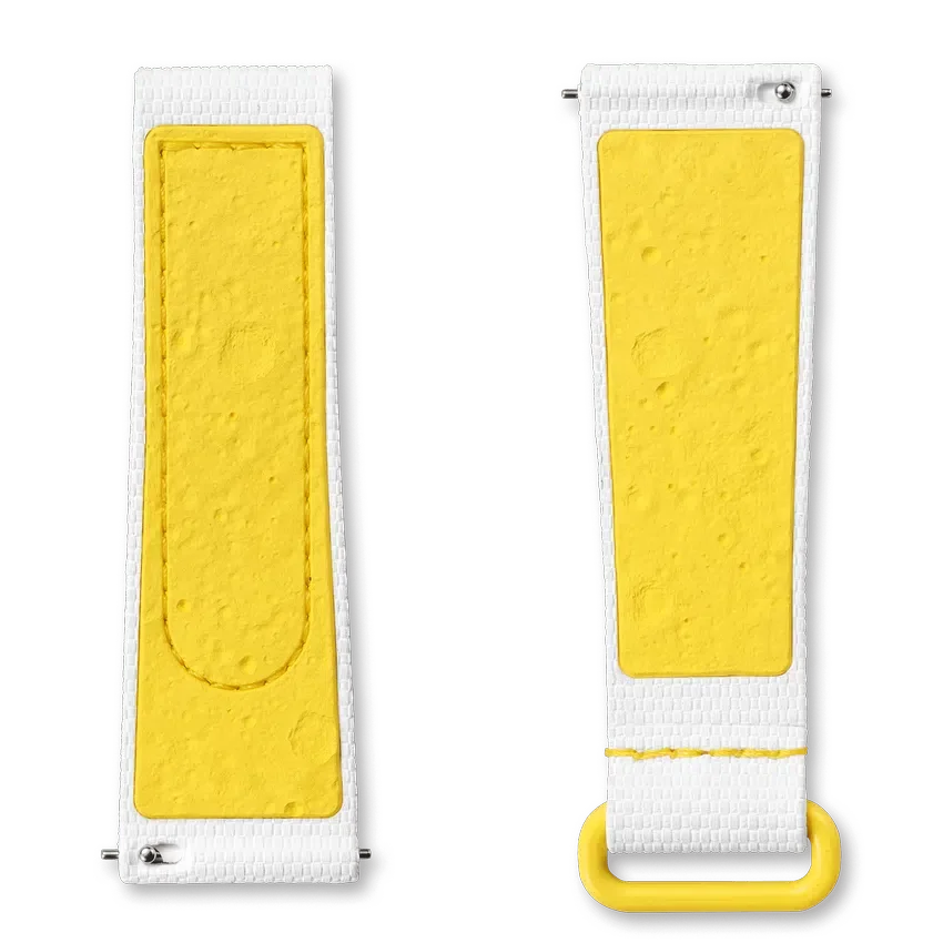 Correa de hule MoonSwatch en blanco y amarillo