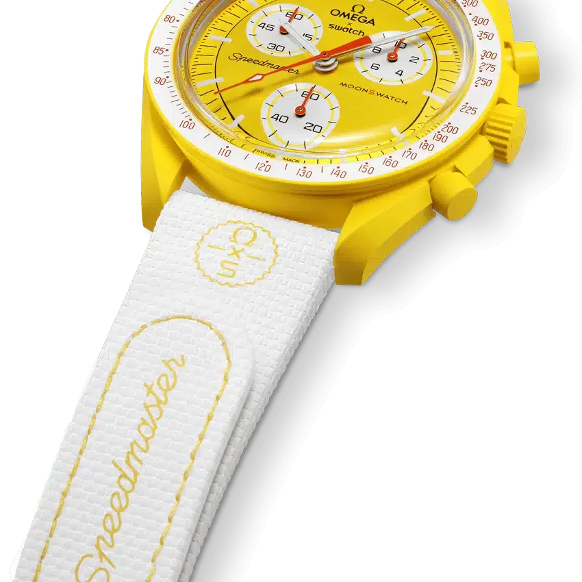 Correa de hule MoonSwatch en blanco y amarillo