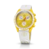 Correa de hule MoonSwatch en blanco y amarillo