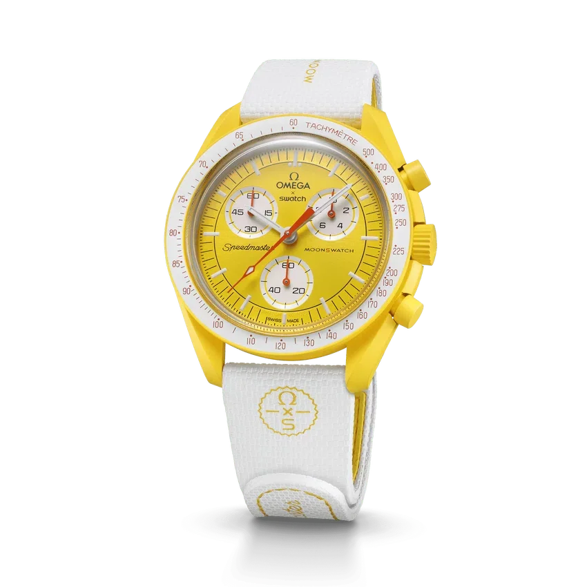 Correa de hule MoonSwatch en blanco y amarillo